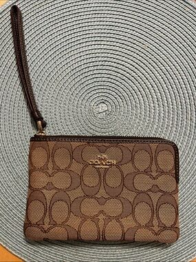 Coach Brown Signature Canvas Wristlet with Gold Logo